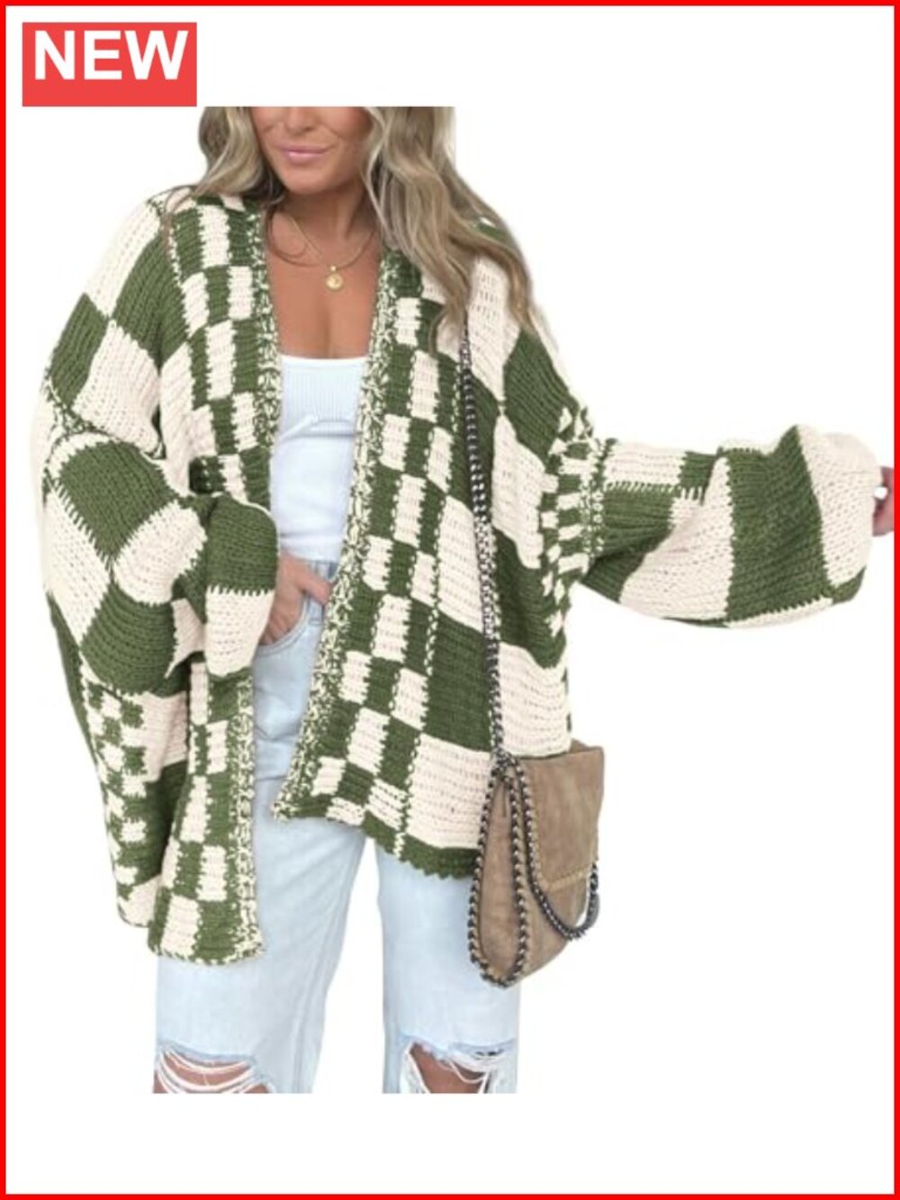 Women's Open Front Checkered Cardigan Sweater Long Sleeve Chunky Knit Fall